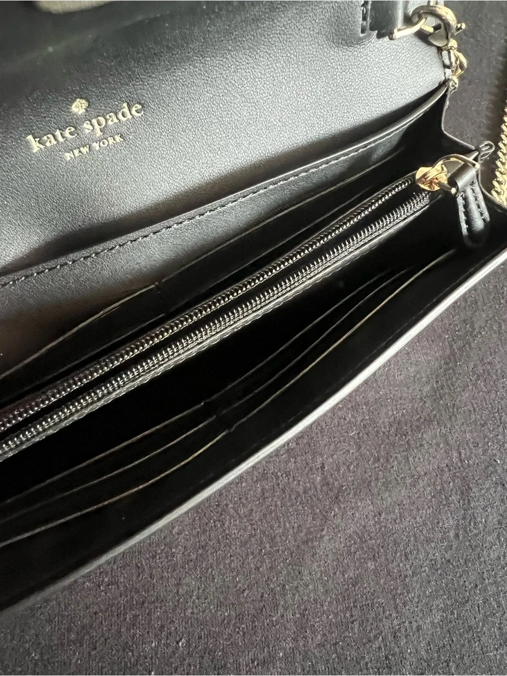 kate spade Gemma Black Leather Scalloped Crossbody Wallet on a Gold Chain NEW